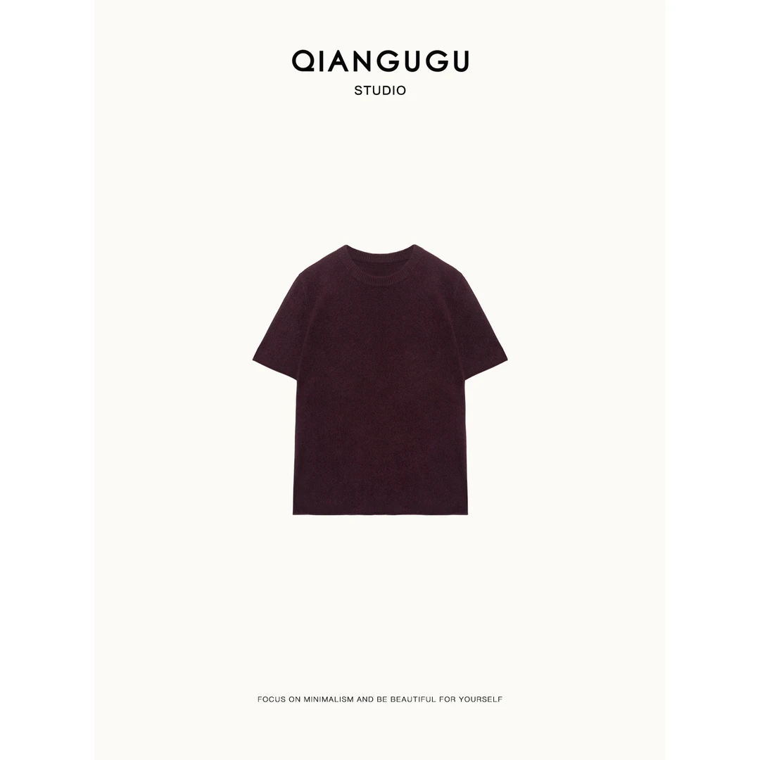 钱谷谷 简约百搭纯色浣熊绒软糯宽松圆领套头短袖毛衣 Q24031109