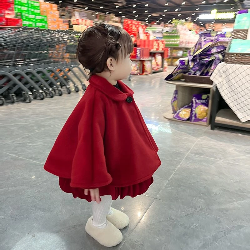 【小扬哥推荐】2023女童洋气外套秋冬宝宝新款红色儿童童装斗篷披
