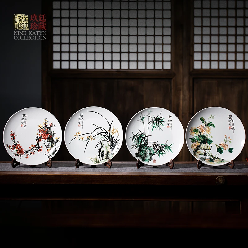 景德镇手工手绘瓷板画高品质颜值功夫茶具梅兰竹菊瓷板画高档摆件