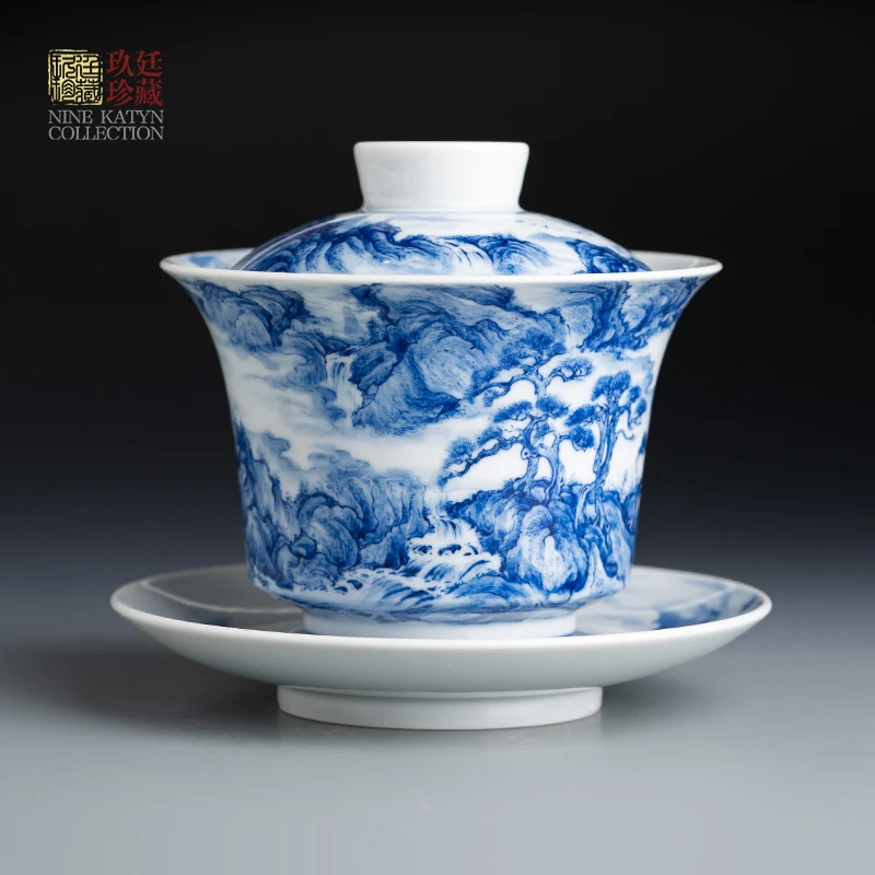 文凤窑景德镇手绘青花瓷山水三件套盖碗泡茶碗高端景德镇精品瓷器