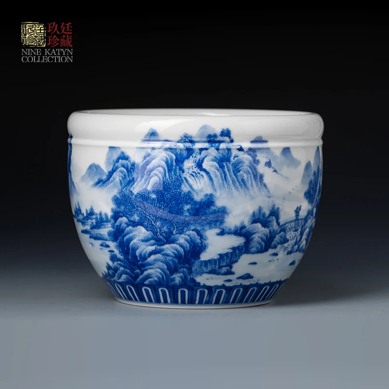 景德镇手工高档茶洗陶瓷柴窑茶具配件茶桌水盂手绘青花山水缸水洗