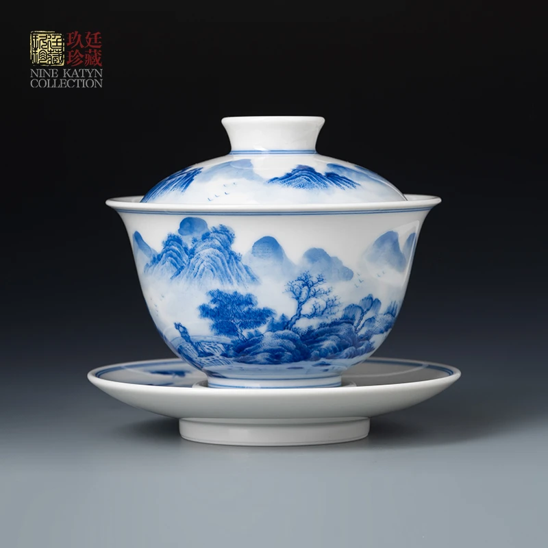景德镇手工柴窑三件套青花瓷山水三件套盖碗功夫高档礼品盖碗茶具