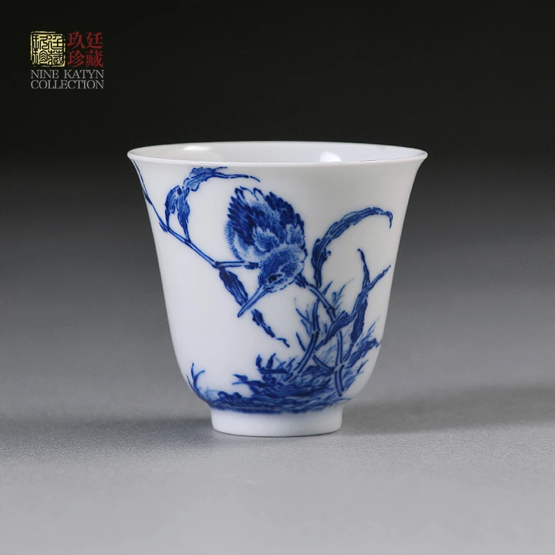 景德镇纯手工手绘单翠青花瓷闻香品茗高档礼品喝茶器具主人杯茶器