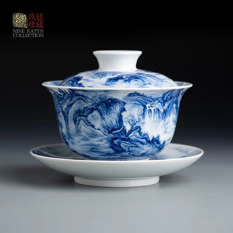 文凤窑景德镇纯手工手绘山水青花元宝泡茶碗功夫茶具三件套盖碗