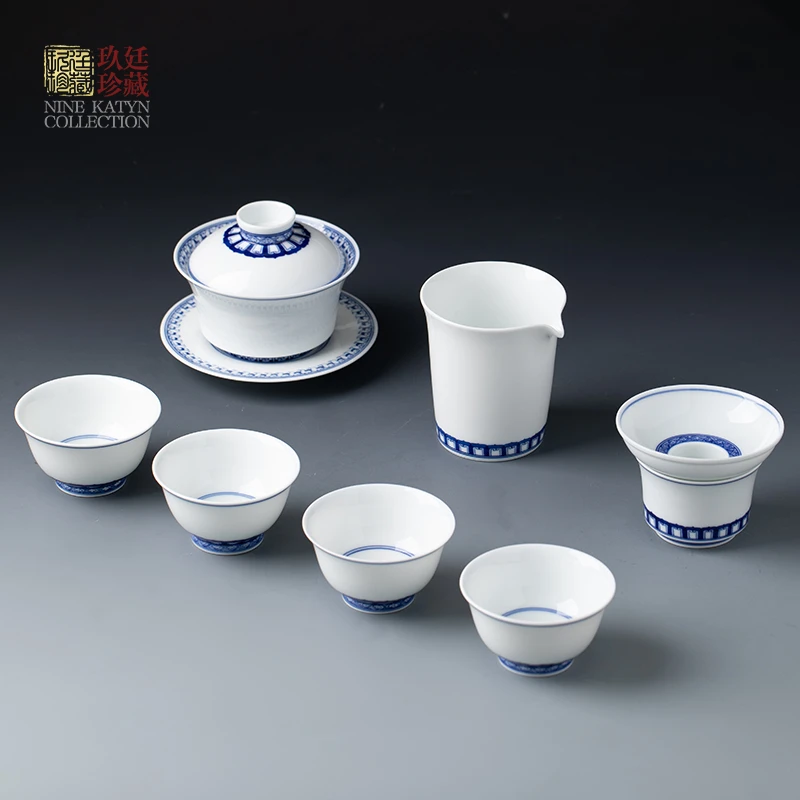 景德镇手工青花陶瓷茶具套装盖碗茶漏公道杯高档大气功夫茶具礼品