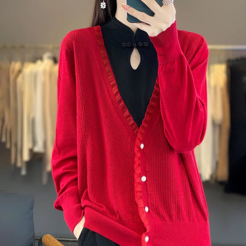 精纺假两件旗袍领针织开衫