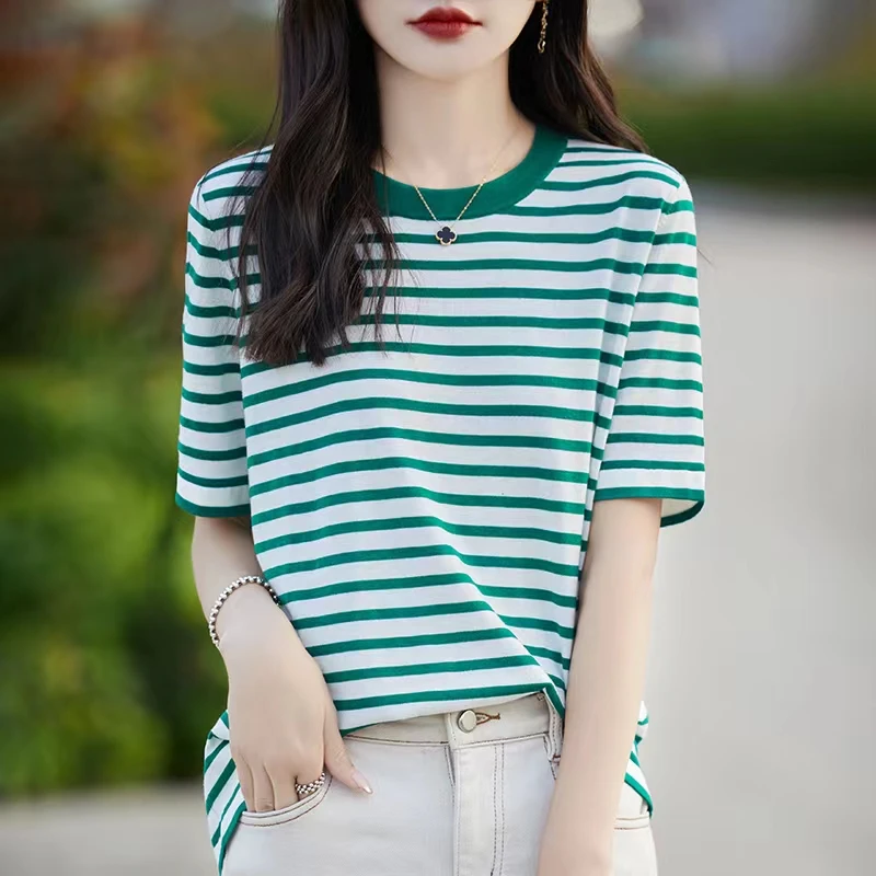 条纹羊毛衫毛针织衫显瘦时尚休闲百搭夏季宽松圆领洋气女士半袖