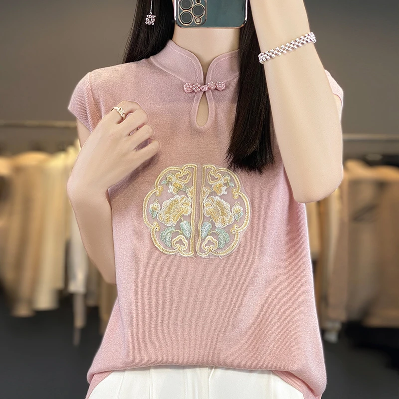 60支桑蚕丝+羊毛短袖立领盘扣薄款中国风改良气质夏季刺绣女衫