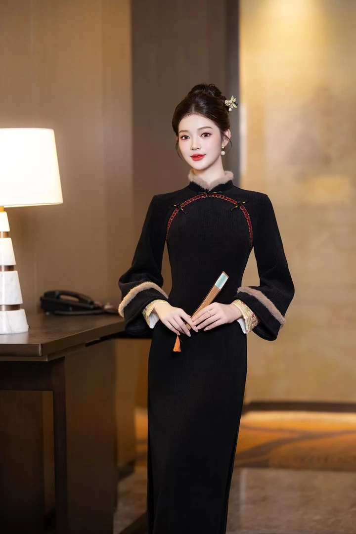 苏曦旗袍《安染》冬装新款黑色气质修身显瘦旗袍