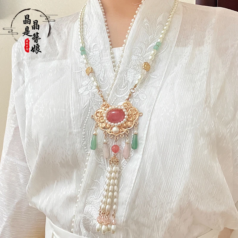 合金仿珍珠项链 软璎珞古风项链汉服配饰长流苏明制齐胸汉元素女