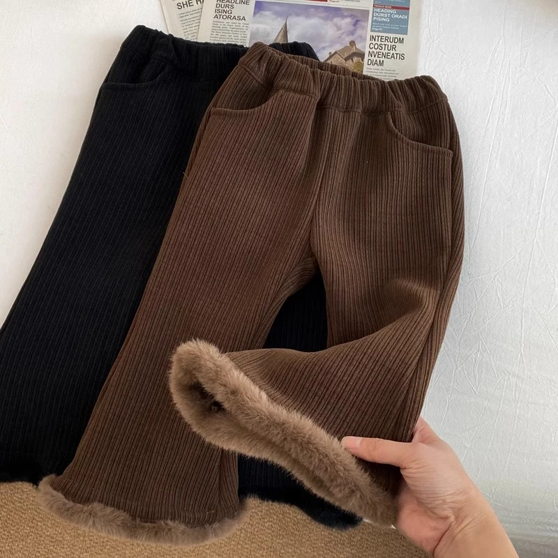 女童裤子秋冬款2024新款洋气喇叭裤中小童时髦冬季女宝白色加绒裤