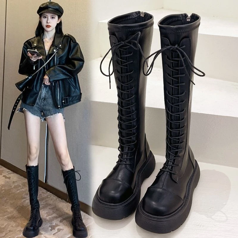 百搭复古卡其色高筒靴小个子长靴瘦瘦靴秋冬季法式女靴子堆堆靴骑
