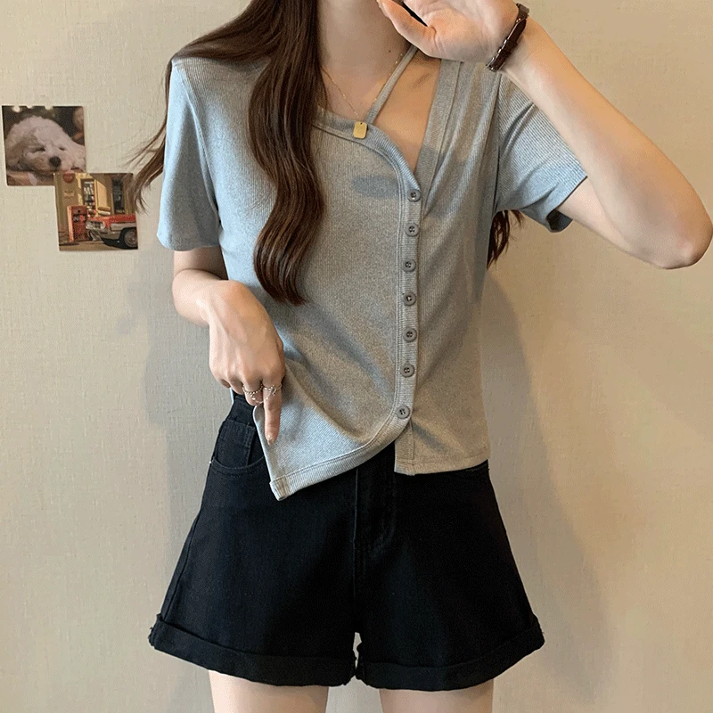 大码女装小众设计感短袖鱼骨上衣女胖MM显瘦藏肉别致感T恤衫夏款
