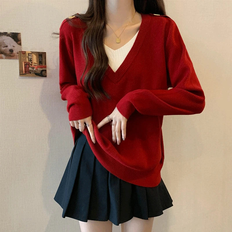 大码女装胖妹妹秋冬针织假两件长袖女显瘦洋气红减龄内搭打底上衣