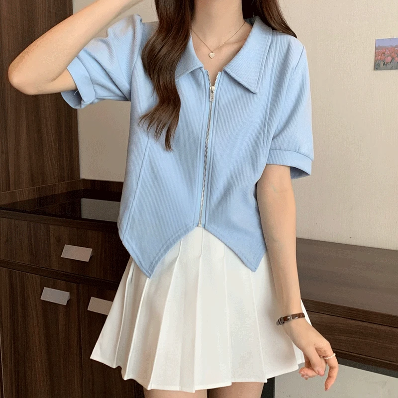 大码女装小众设计感不规则短袖燕尾上衣女胖MM遮肚拼接假两件夏款