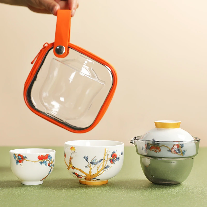 国潮功夫旅行茶具套装一壶两杯快客杯盖碗陶瓷便携式户外露营茶具