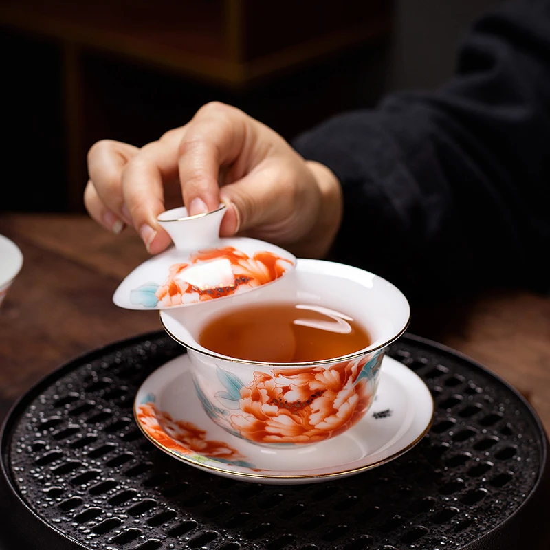 德化冰种玉瓷茶具家用会客泡茶盖碗茶杯高档轻奢伴手礼描金陶瓷