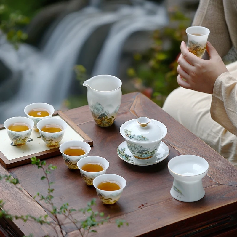 德化冰种简约茶具套装家用主人杯富春山居泡茶碗陶瓷高档轻奢中式