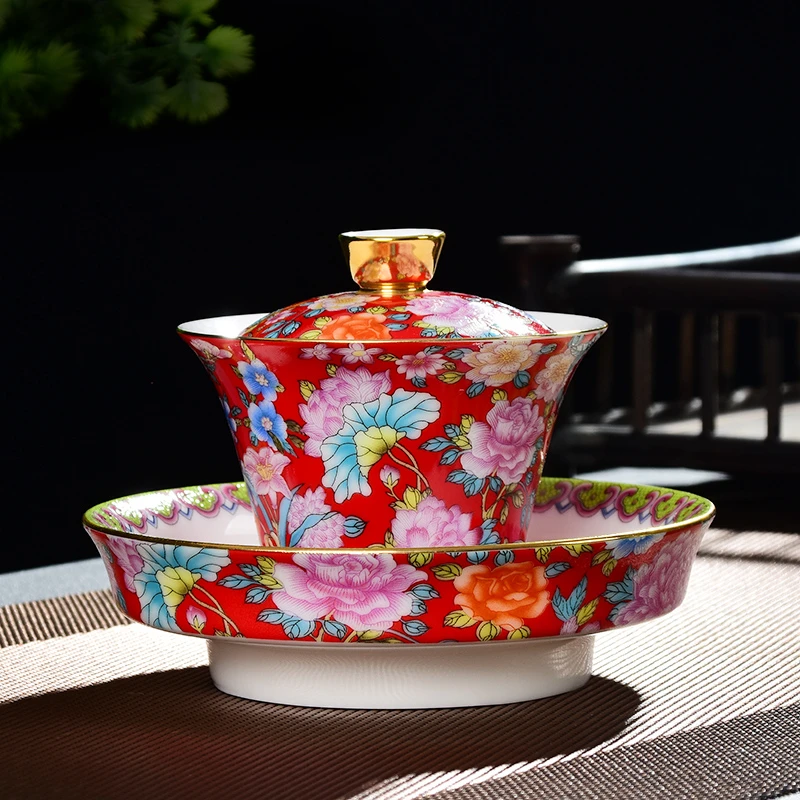 珐琅彩功夫茶具家用陶瓷礼盒包装高端商务礼品送客户伴手礼物盖碗