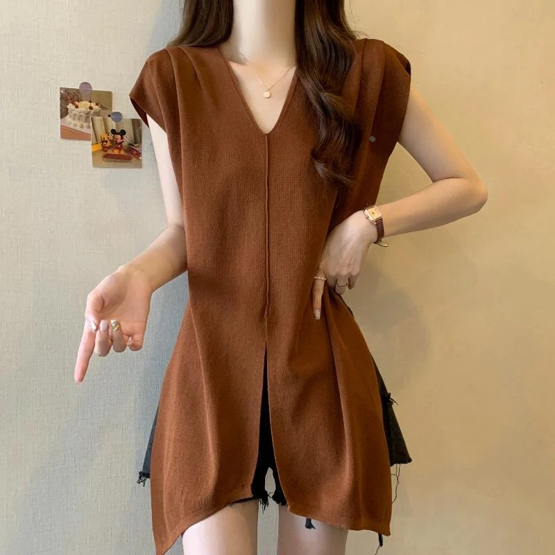 设计感绑带短袖冰丝针织T恤女夏季大码胖mm显瘦独特气质打底上衣