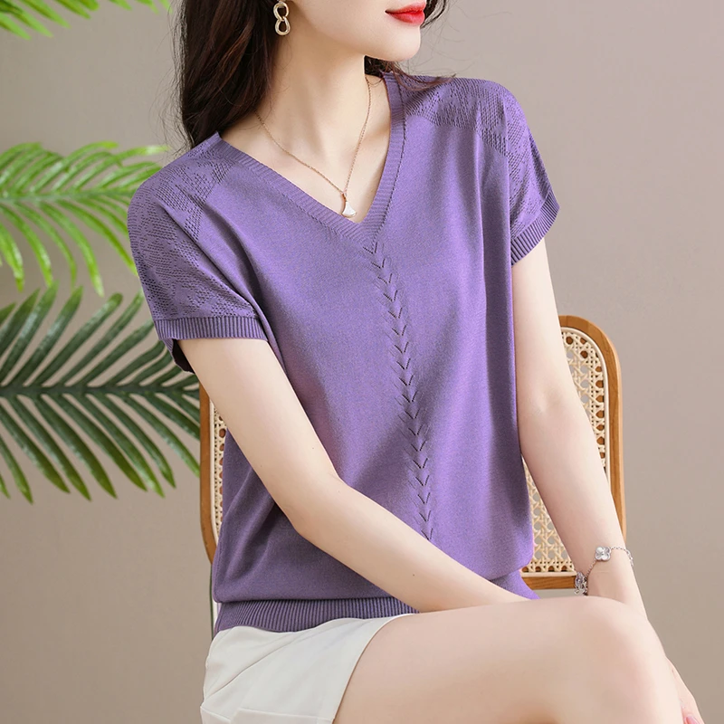 V领夏季针织上衣女宽松百搭纯色洋气显瘦薄款