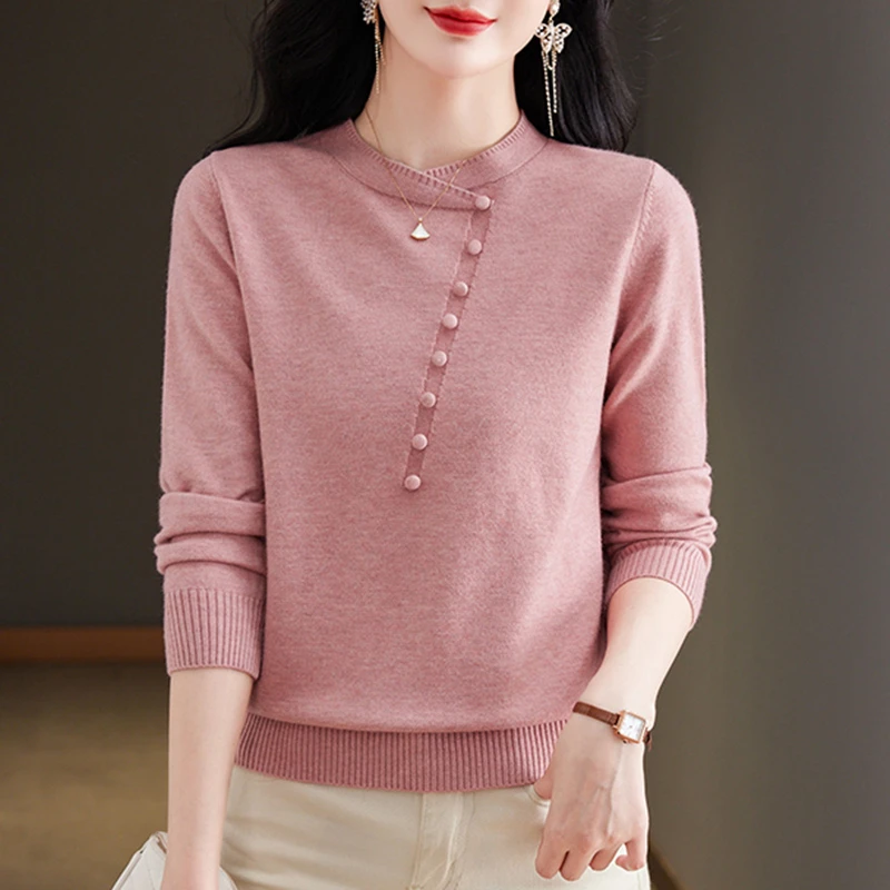 2024春季新款女士毛衣时尚洋气新国风旗袍领针织纯色打底衫妈妈装