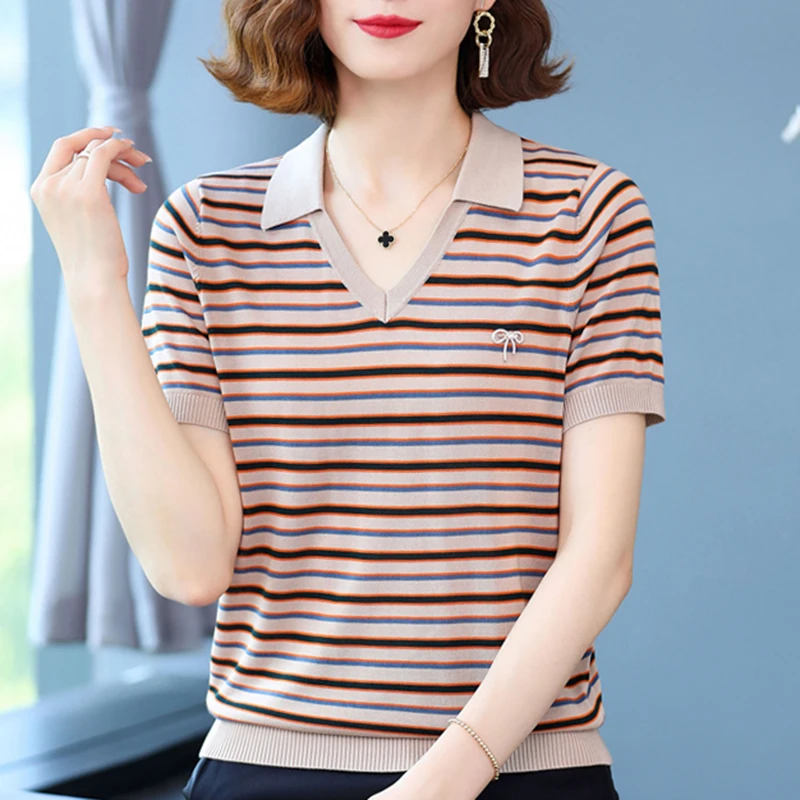 2023夏季短袖上衣女宽松打底翻领条纹针织衫显瘦百搭T恤套头薄款