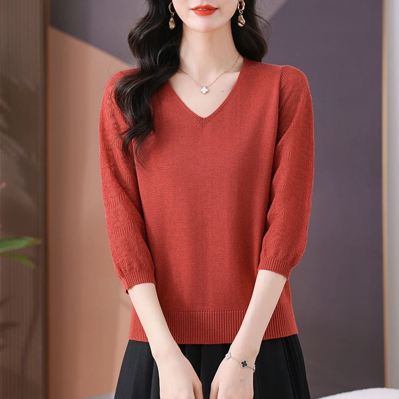 2025春季新款七分袖女士镂空针织衫气质显瘦V领毛衣时尚洋气百搭