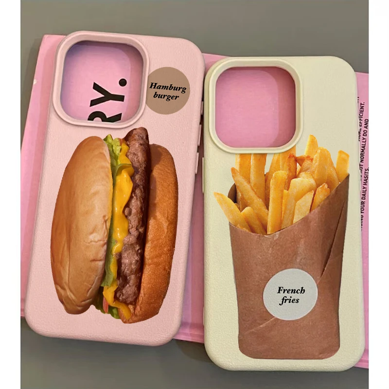 奥菲顿ins汉堡薯条适用iPhone15/14pro荔枝纹13苹果手机壳12软套