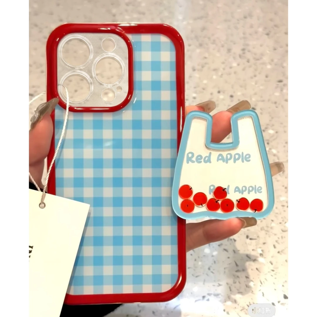 蓝格纹苹果购物支架适用iphone16/15手机壳小米vivo华为oppo软套