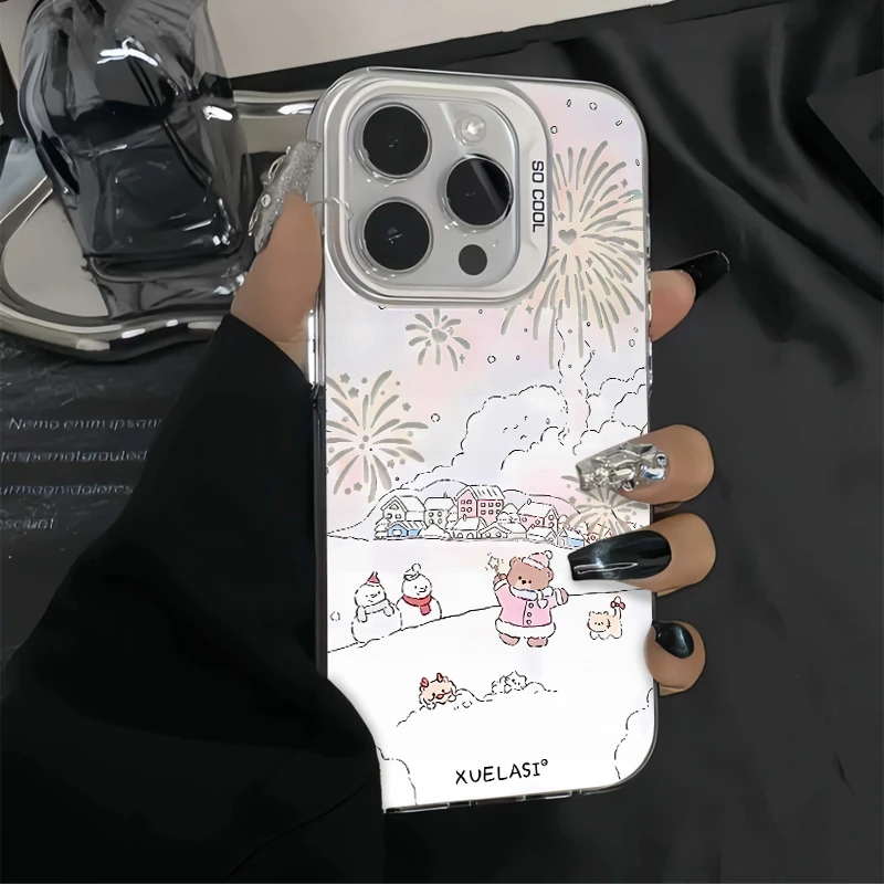 卡通烟花雪地小熊适用iPhone15/14promax手机壳11苹果13/12软套xr