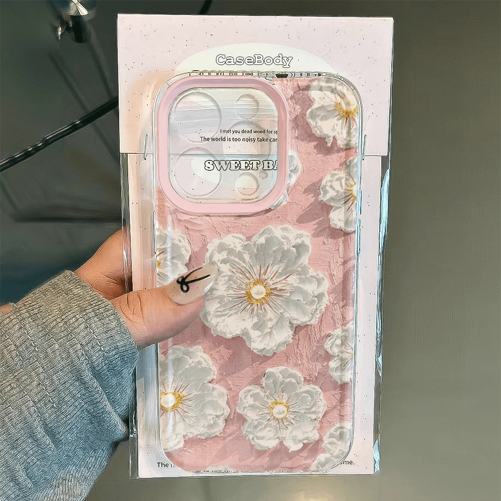 奥菲顿油画粉底白花适用iphone15/14/13手机壳华为vivo小米oppo套