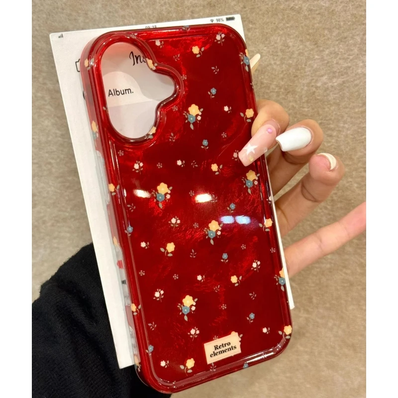 奥菲顿复古红色碎花适用iPhone16/15promax冰川手机硬壳苹果14套