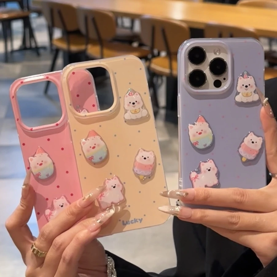 SMBLCE彩色波点小狗贴件适用iPhone16/15手机壳华为viv小米oppo套