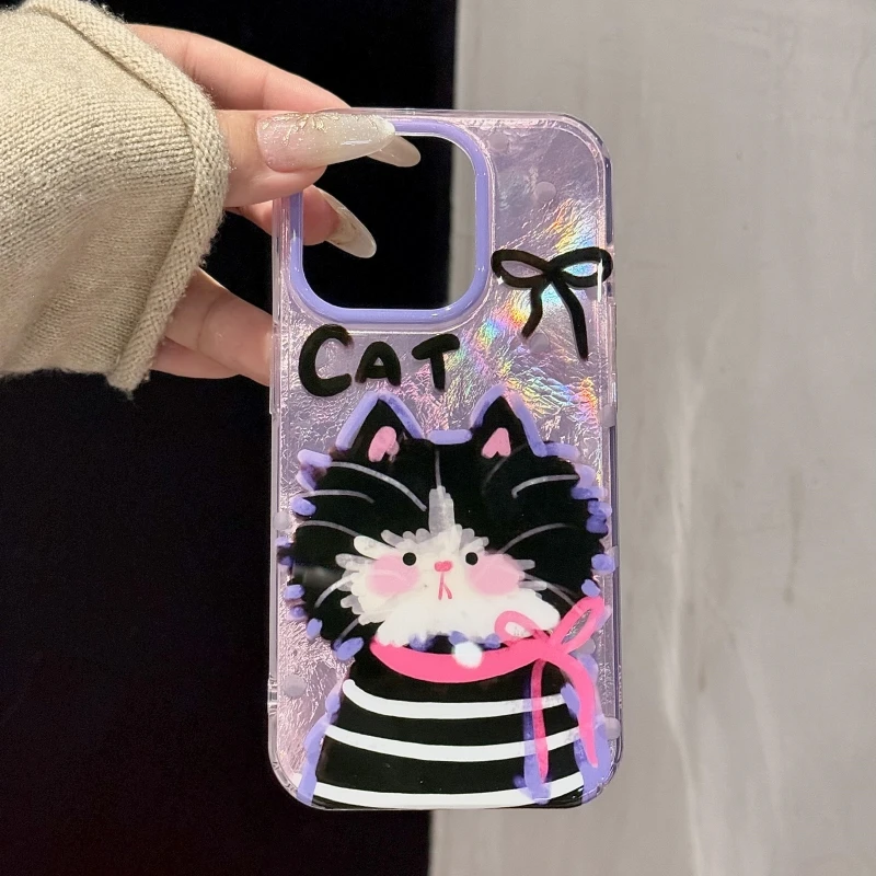 奥菲顿紫色系潦草小猫适用iPhone16冰川手机壳华为vivo小米oppo套