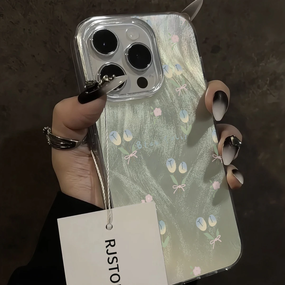 春日绿晕染花朵iPhone15/14promax羽纱纹手机壳11苹果13/12高级感