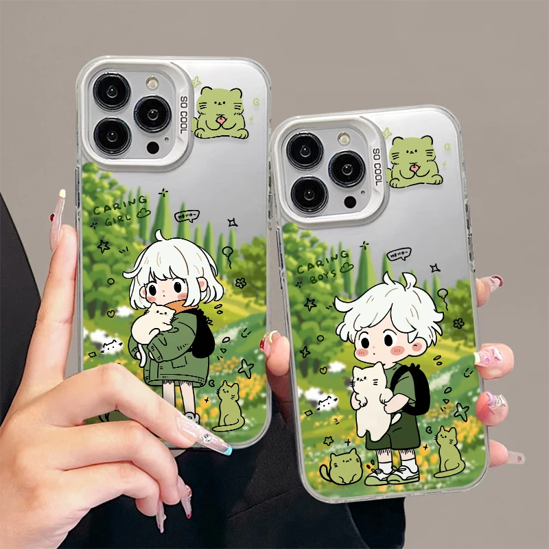 草地抱猫男孩iphone15/13苹果手机壳14pro华为vivo小米oppo情侣12