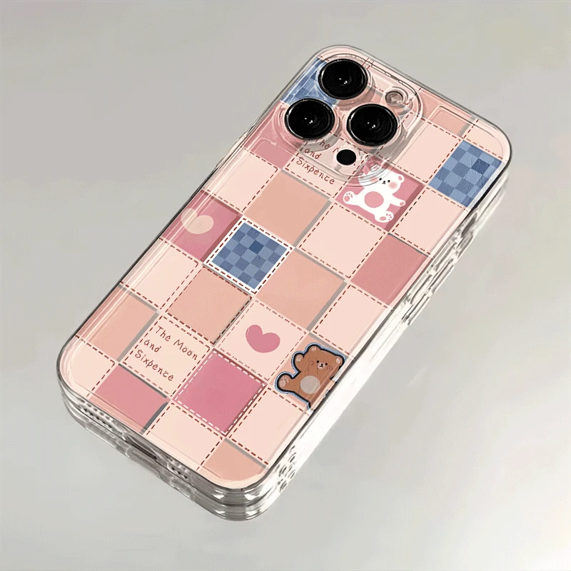 Lucky粉白格子小熊适用iPhone16手机壳15苹果华为vivo小米oppo套