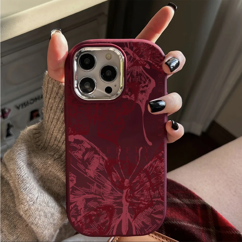 ins素描酒红蝴蝶适用iPhone15/14promax手机壳苹果13/12/11软xr套