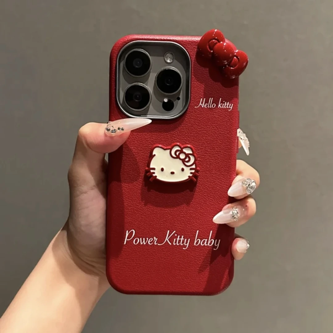 雅天立立体凯蒂蝴蝶结适用iPhone16/15pro荔枝纹金属框手机壳13套