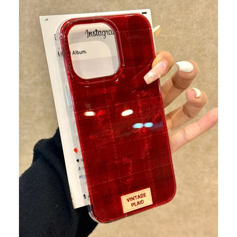 奥菲顿复古红色格纹适用iPhone16/15冰川手机壳华为viv小米oppo套