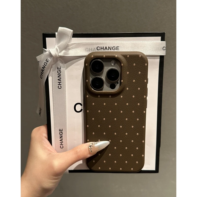 奥菲顿棕色黄波点适用iPhone16/15pro皮革纹12手机软壳14苹果13套