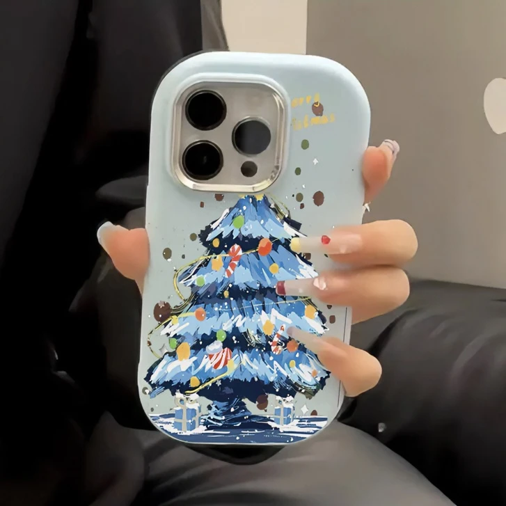 雪地圣诞树适用iPhone15/14promax金属框手机壳11苹果13/12软套xr
