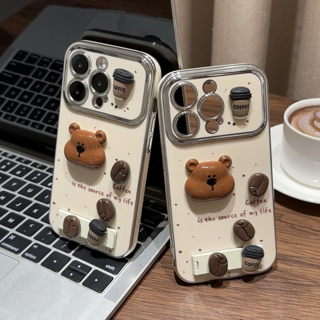 Lucky咖啡小熊适用iPhone15电镀视窗14手机壳华为vivo小米oppo套