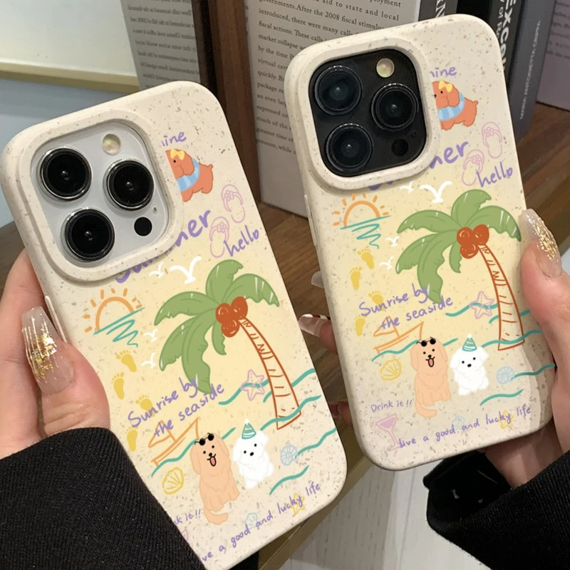 ins夏日椰树小狗iPhone14promax小麦手机壳苹果13/12/11全包xr套
