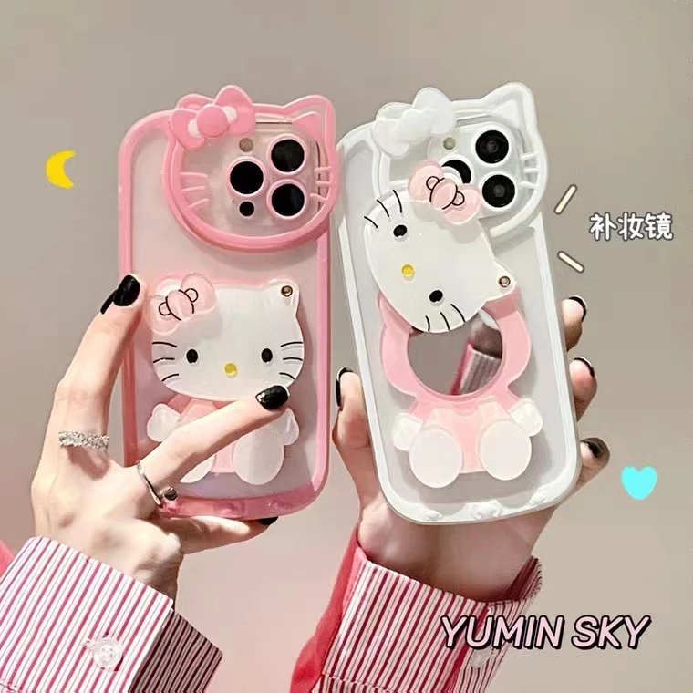 卡通KT猫补妆镜子支架iPhone14pro手机壳xsmax苹果13/11/12女xr套