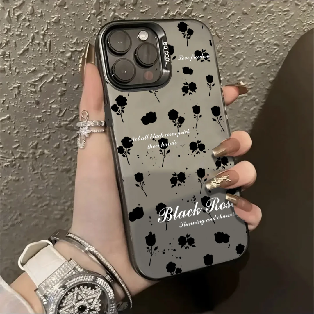 高级黑色满屏花朵iPhone15/14promax手机壳苹果13/12/11软xs套xr