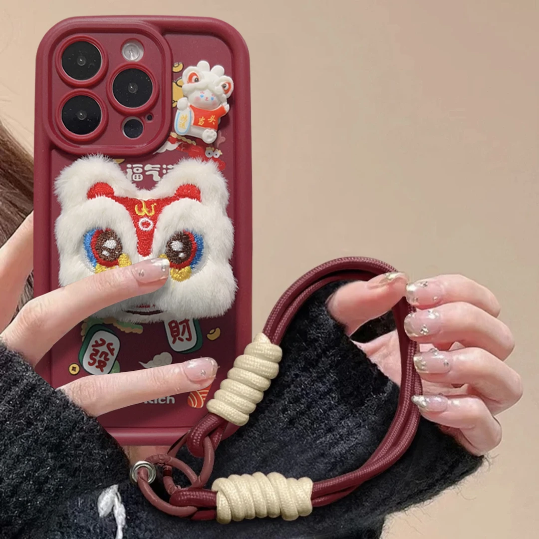 龙年立体毛绒狮子iphone15/13苹果14pro手机壳华为vivo小米oppo套