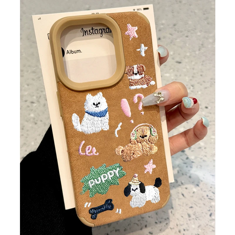 奥菲顿蓝底仿针织小狗适用iPhone16/15pro翻毛皮14苹果手机壳12套