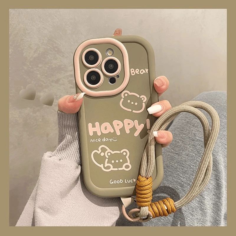 Luckyhappy线条小熊适用iPhone16泡芙手机壳华为vivo小米oppo套